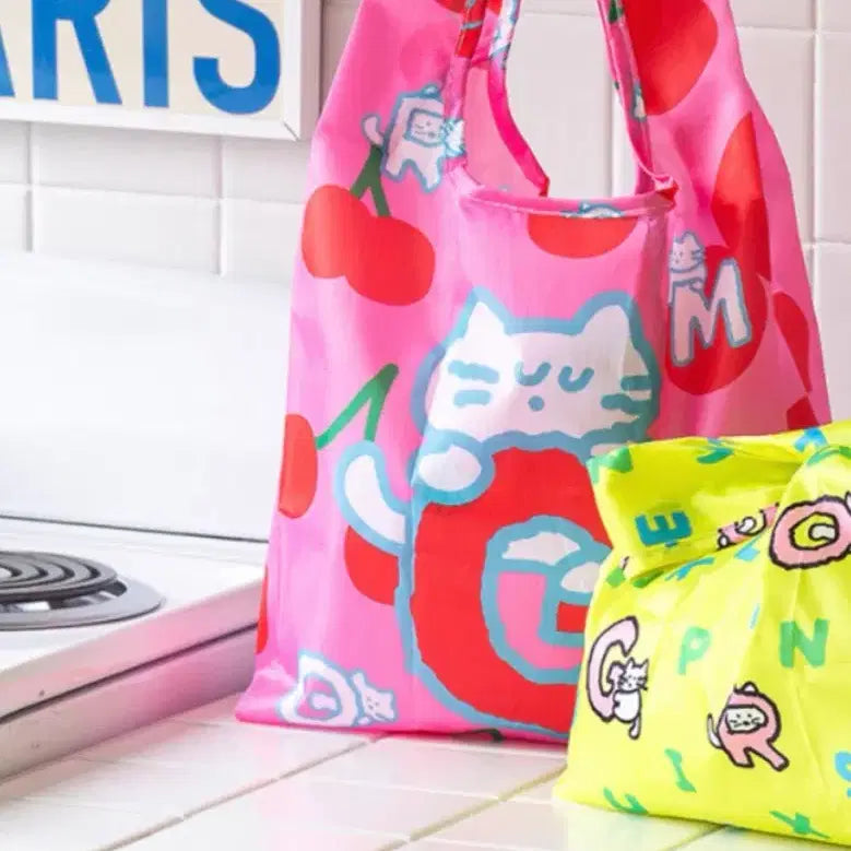 [BUNJANG] Romane Pink Cherry Cat Pattern Eco Bag Small / 로마네 핑크 체리 고양이 패턴 에코백 스몰 S싸이즈