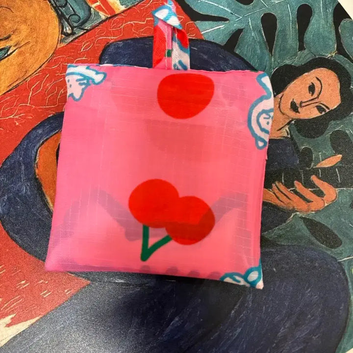 [BUNJANG] Romane Pink Cherry Cat Pattern Eco Bag Small / 로마네 핑크 체리 고양이 패턴 에코백 스몰 S싸이즈