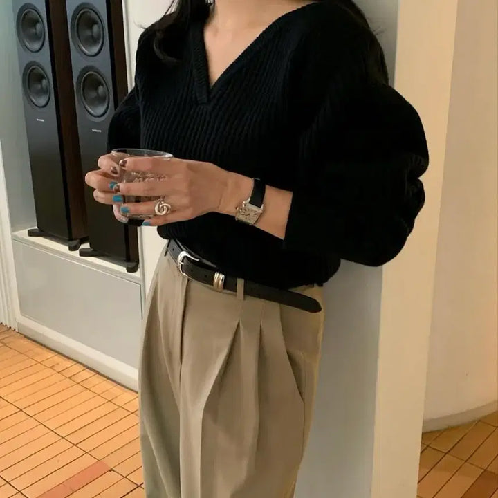 [BUNJANG] Ribbon Tie V-Neck Knit Top / 리본타이 브이 니트 블랙