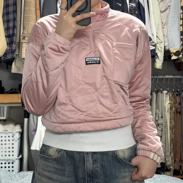 [BUNJANG] Adidas Quilted Crop Anorak Half-Zip Sweatshirt / 아디다스 누빔 크롭 아노락 반집업 맨투맨