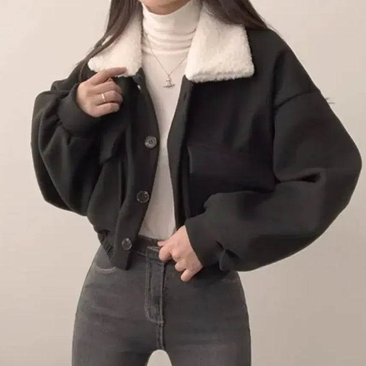 [BUNJANG] Wool Crop Jacket / 양털 카라 밴딩 모직 크롭 자켓