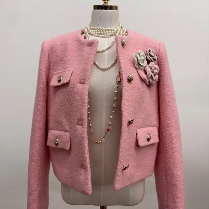 [BUNJANG] Gold Button Wool Corsage Quilted Jacket (Pink) / (새상품) 골드버튼 울 코사지 누빔자켓 (핑크)