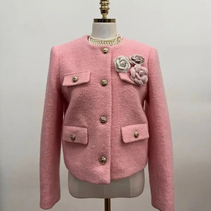 [BUNJANG] Gold Button Wool Corsage Quilted Jacket (Pink) / (새상품) 골드버튼 울 코사지 누빔자켓 (핑크)