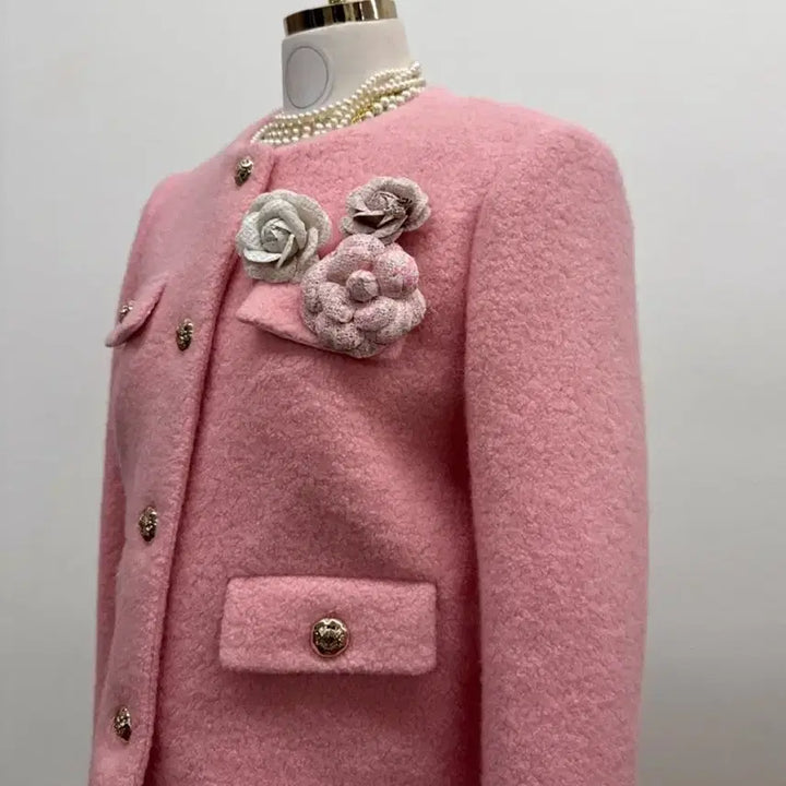 [BUNJANG] Gold Button Wool Corsage Quilted Jacket (Pink) / (새상품) 골드버튼 울 코사지 누빔자켓 (핑크)