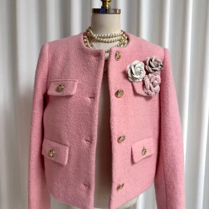 [BUNJANG] Gold Button Wool Corsage Quilted Jacket (Pink) / (새상품) 골드버튼 울 코사지 누빔자켓 (핑크)