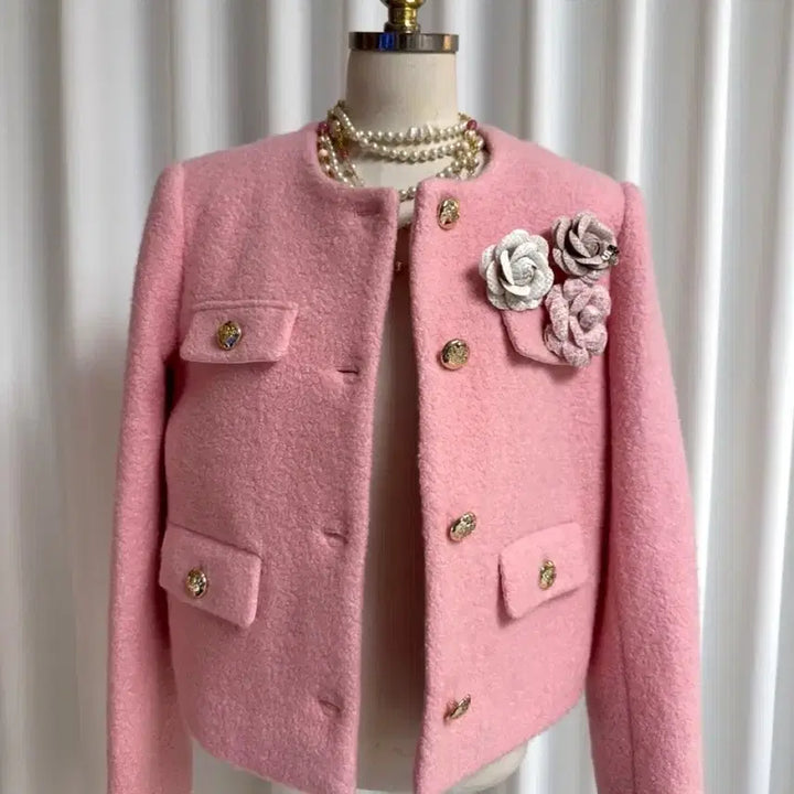 [BUNJANG] Gold Button Wool Corsage Quilted Jacket (Pink) / (새상품) 골드버튼 울 코사지 누빔자켓 (핑크)
