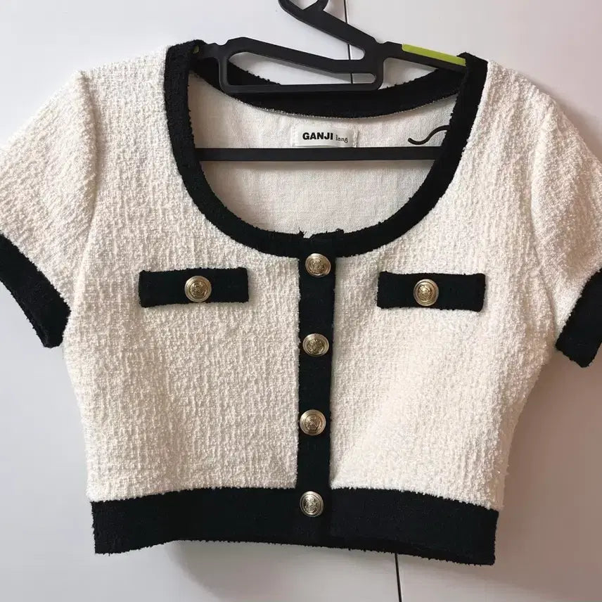 [BUNJANG] Unbranded Pearl Button Tweed Crop Cardigan / 샤넬st 진주버튼 배색 트위드 크롭 가디건