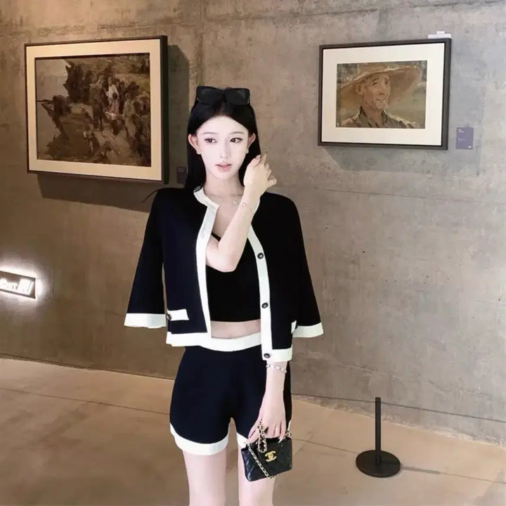 [BUNJANG] D Knit Cardigan and Shorts Set / [새상품급] 디 니트 가디건 반바지 셋업