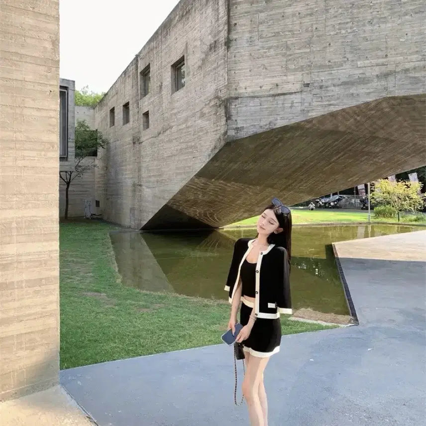 [BUNJANG] D Knit Cardigan and Shorts Set / [새상품급] 디 니트 가디건 반바지 셋업