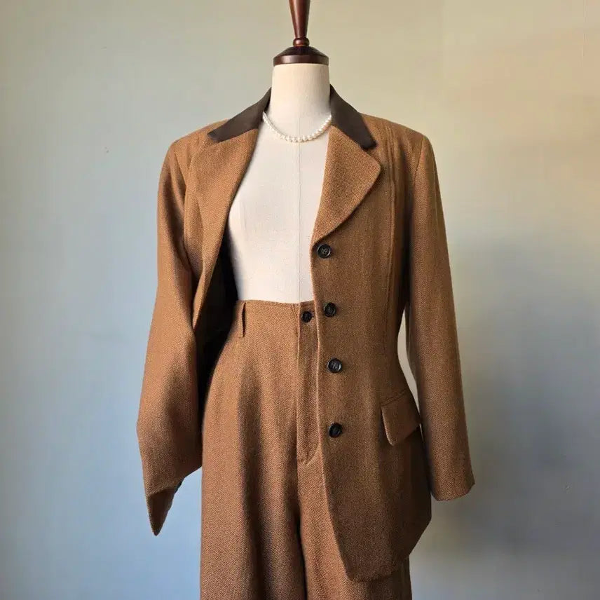 [BUNJANG] Herringbone Suede Color Block Collar Set / 헤링본 스웨이드 배색 카라 셋업