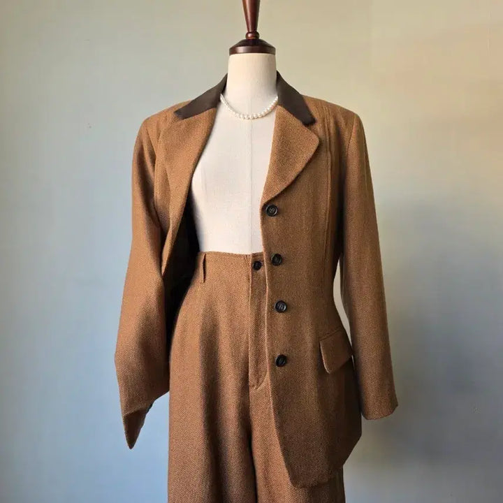 [BUNJANG] Herringbone Suede Color Block Collar Set / 헤링본 스웨이드 배색 카라 셋업