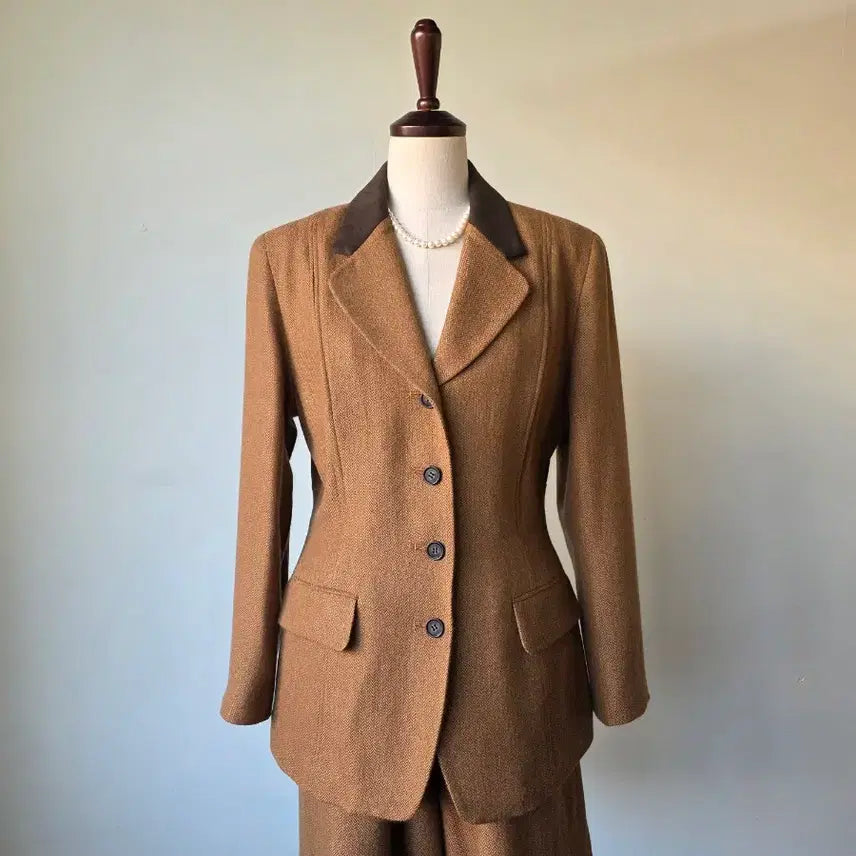 [BUNJANG] Herringbone Suede Color Block Collar Set / 헤링본 스웨이드 배색 카라 셋업