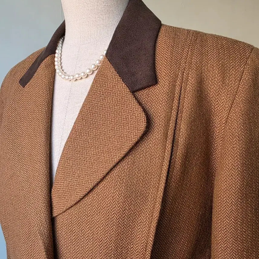 [BUNJANG] Herringbone Suede Color Block Collar Set / 헤링본 스웨이드 배색 카라 셋업