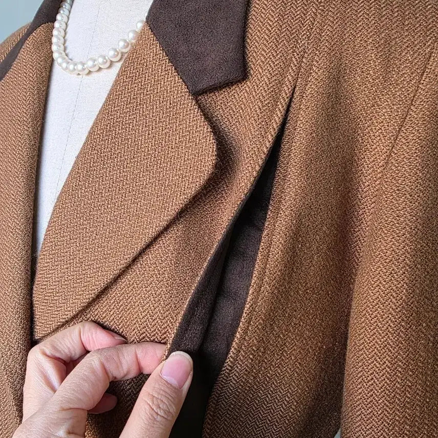 [BUNJANG] Herringbone Suede Color Block Collar Set / 헤링본 스웨이드 배색 카라 셋업