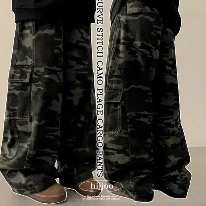 [BUNJANG] Stitch Camouflage Cargo Wide Pants / 스티치 카모플라쥬 카고 와이드 팬츠