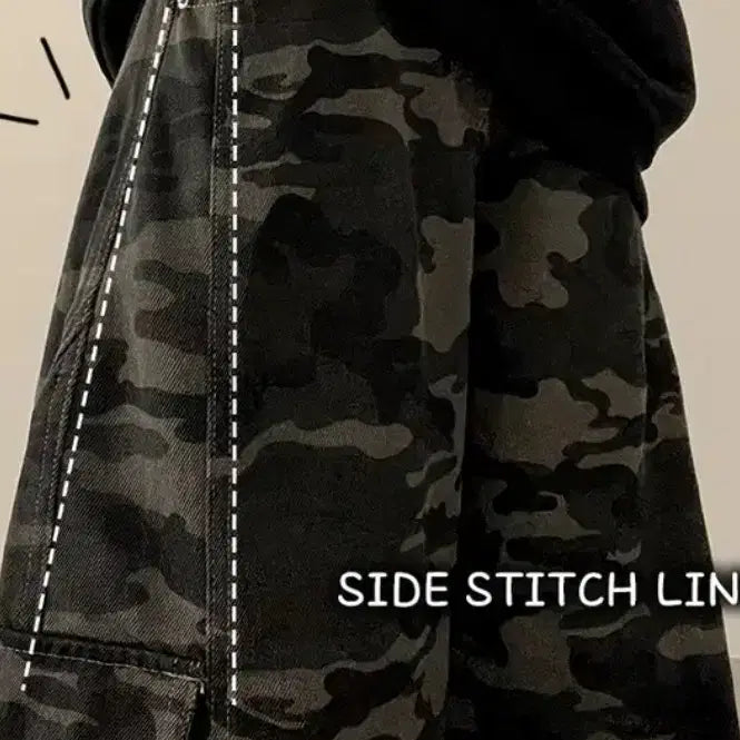 [BUNJANG] Stitch Camouflage Cargo Wide Pants / 스티치 카모플라쥬 카고 와이드 팬츠