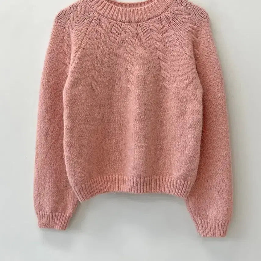 [BUNJANG] Round Half Cable Knit Sweater / 라운드 하프 케이블 꽈배기 핑크 니트 티셔츠