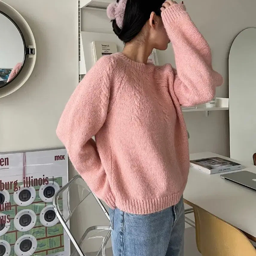 [BUNJANG] Round Half Cable Knit Sweater / 라운드 하프 케이블 꽈배기 핑크 니트 티셔츠