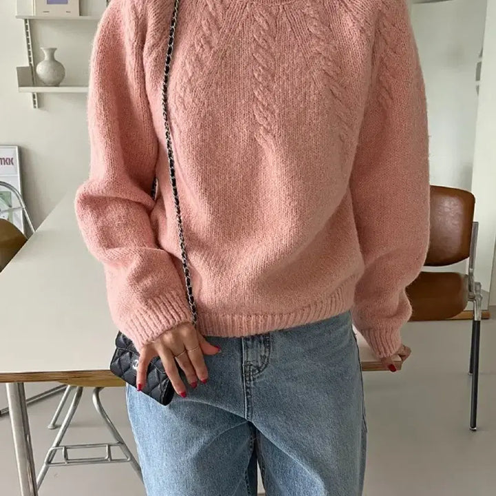 [BUNJANG] Round Half Cable Knit Sweater / 라운드 하프 케이블 꽈배기 핑크 니트 티셔츠