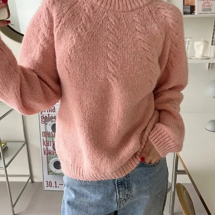 [BUNJANG] Round Half Cable Knit Sweater / 라운드 하프 케이블 꽈배기 핑크 니트 티셔츠