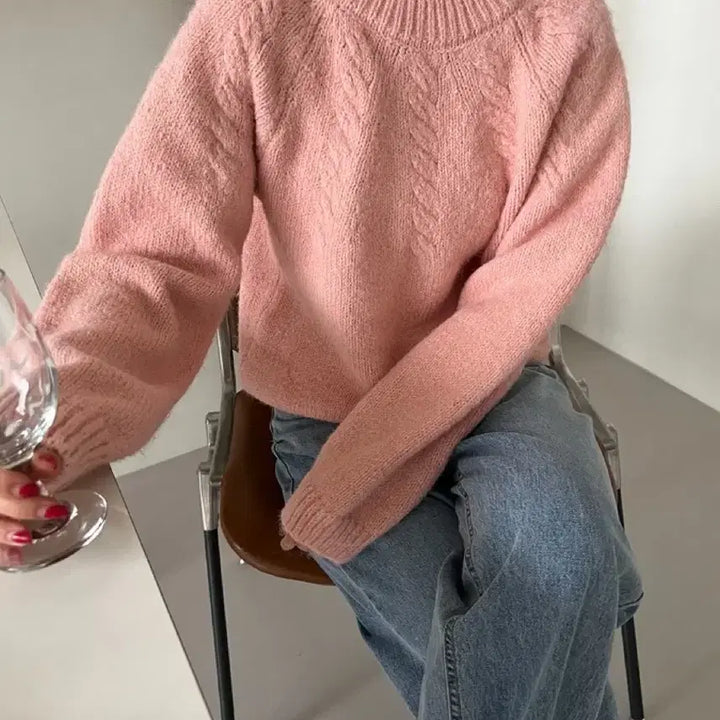 [BUNJANG] Round Half Cable Knit Sweater / 라운드 하프 케이블 꽈배기 핑크 니트 티셔츠