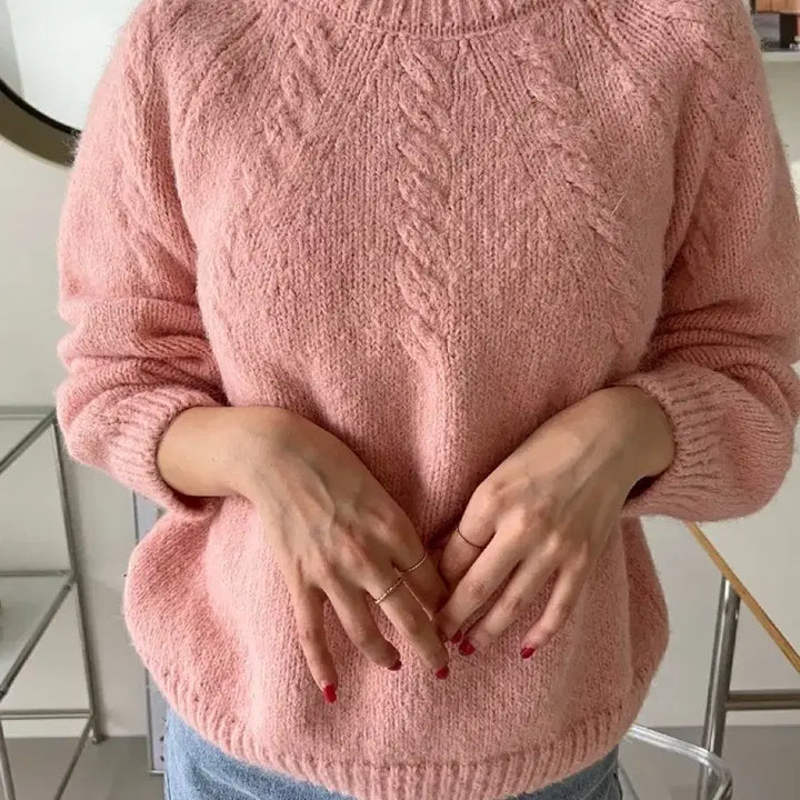 [BUNJANG] Round Half Cable Knit Sweater / 라운드 하프 케이블 꽈배기 핑크 니트 티셔츠