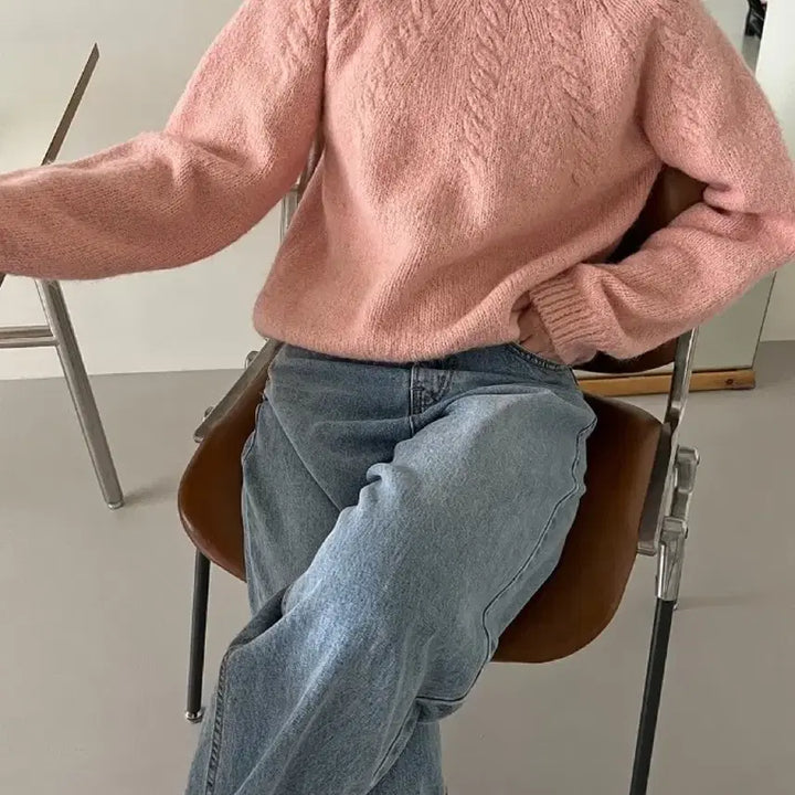 [BUNJANG] Round Half Cable Knit Sweater / 라운드 하프 케이블 꽈배기 핑크 니트 티셔츠