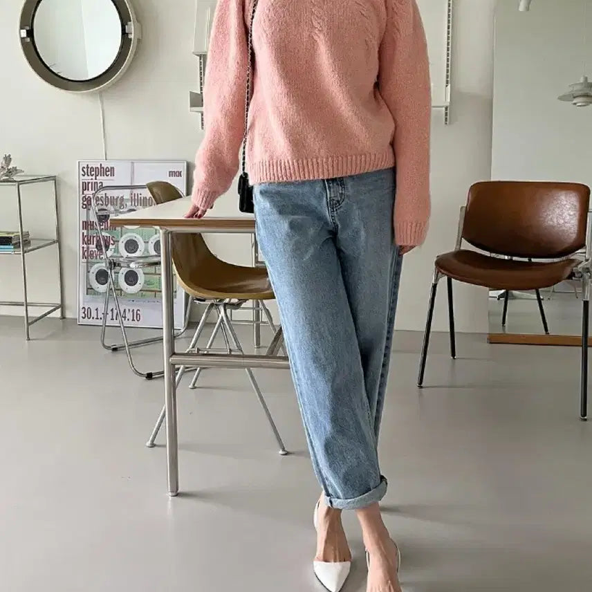 [BUNJANG] Round Half Cable Knit Sweater / 라운드 하프 케이블 꽈배기 핑크 니트 티셔츠