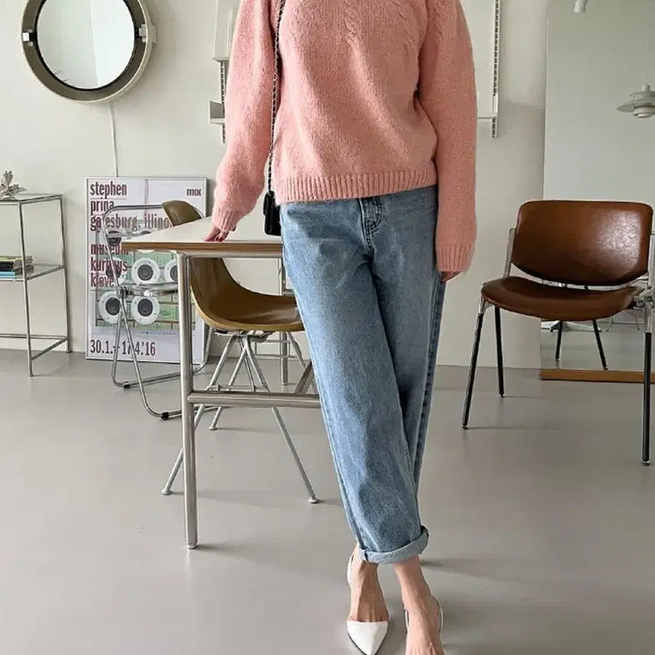 [BUNJANG] Round Half Cable Knit Sweater / 라운드 하프 케이블 꽈배기 핑크 니트 티셔츠