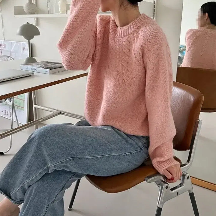 [BUNJANG] Round Half Cable Knit Sweater / 라운드 하프 케이블 꽈배기 핑크 니트 티셔츠