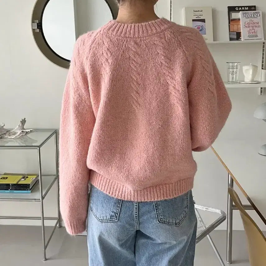 [BUNJANG] Round Half Cable Knit Sweater / 라운드 하프 케이블 꽈배기 핑크 니트 티셔츠