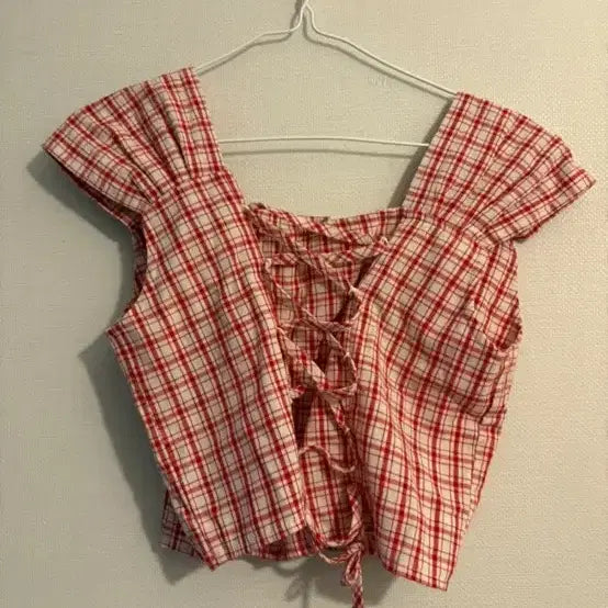 [BUNJANG] Red Checkered Tank Top Blouse / 레드 체크무늬 나시 블라우스