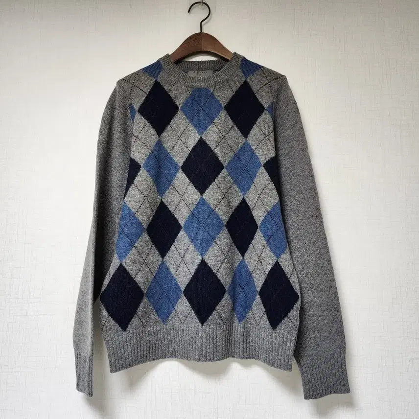 [BUNJANG] Giordano Argyle Check Pattern Knit Sweater Gray L / 지오다노 아가일 체크 패턴 니트 스웨터 그레이 L
