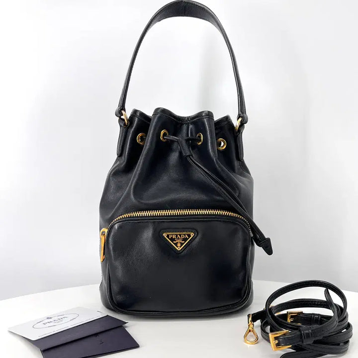 [BUNJANG] Prada Leather Bucket Bag (1BH038) / [100% 정품] 프라다 삼각로고 레더 버킷백 블랙 (1BH038)