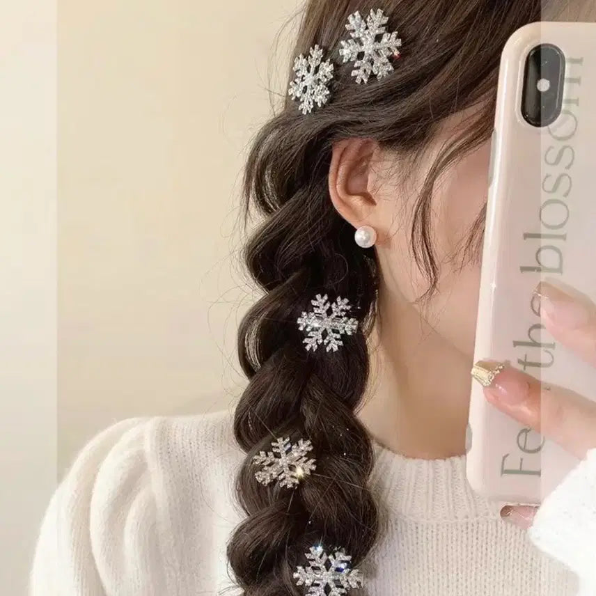 [BUNJANG] Cubic Zirconia Pearl Snowflake Hairpin Set / 큐빅 진주 눈꽃 헤어핀 4p Set - 2color