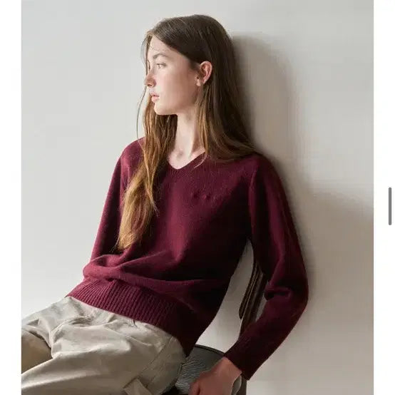 [BUNJANG] Hane Solid Core V-Neck Knit (Wine) / 하네 솔리드 코어 V넥 니트 (Wine)