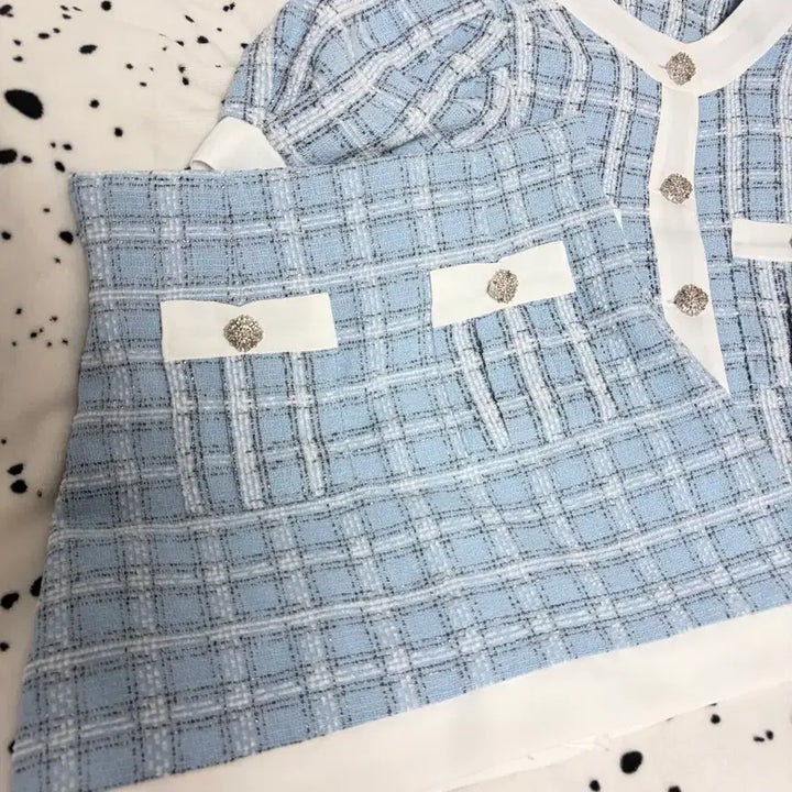 [BUNJANG] Two-Piece Set Sky Blue Set / 트위드 투피스 스카이블루 세트 하객룩 정장 셋업 트레이닝 투피스