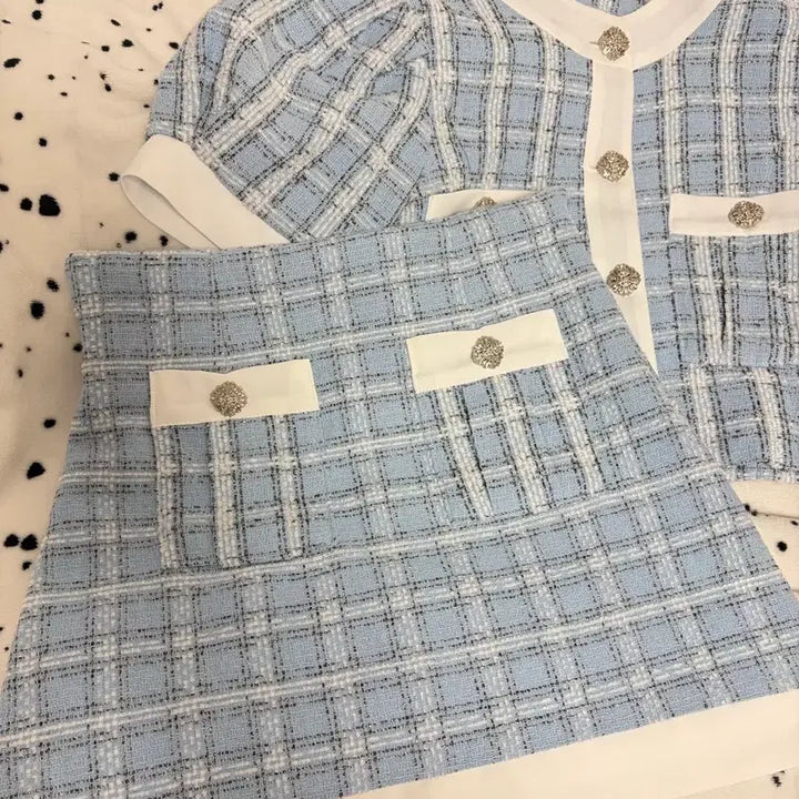 [BUNJANG] Two-Piece Set Sky Blue Set / 트위드 투피스 스카이블루 세트 하객룩 정장 셋업 트레이닝 투피스