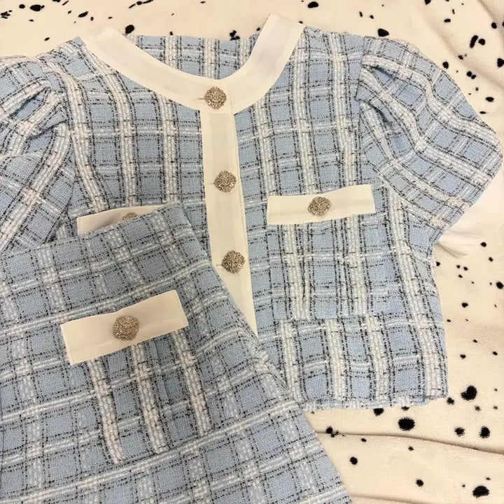 [BUNJANG] Two-Piece Set Sky Blue Set / 트위드 투피스 스카이블루 세트 하객룩 정장 셋업 트레이닝 투피스