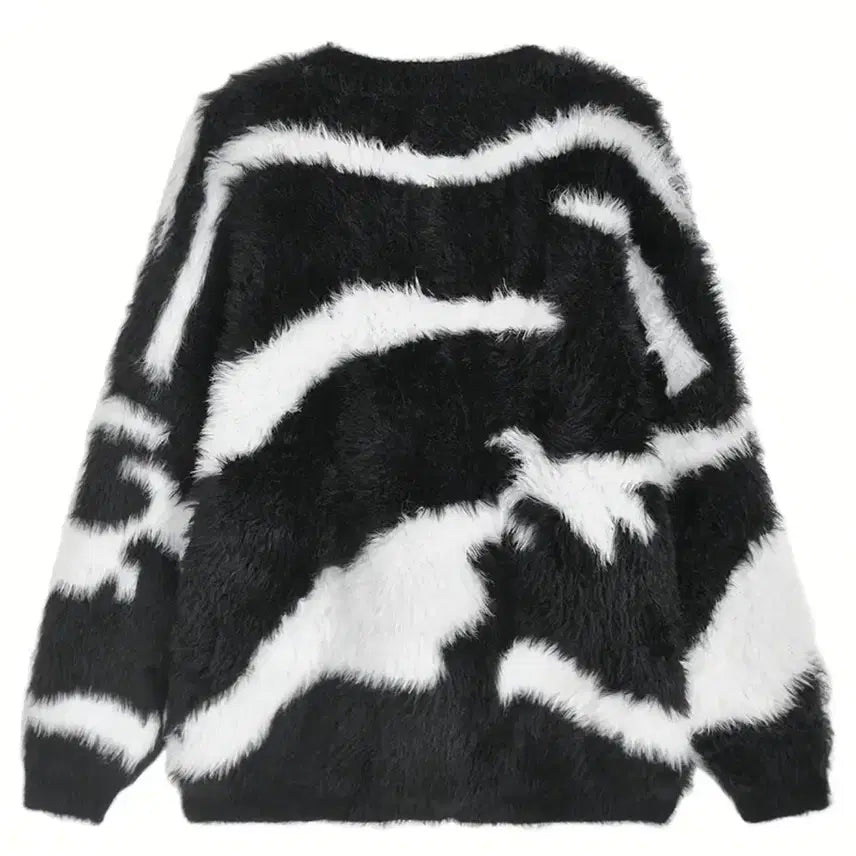 [BUNJANG] Black White Striped Angora Knit Sweater / 블랙 화이트 스트라이프 털 니트 스웨터 앙고라 긴팔티셔츠