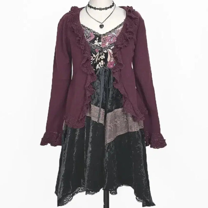 [BUNJANG] Restrose Vintage Frill Knit Cardigan / 일본빈티지 레스트로즈프릴뜨개레이스러플셔링울가디건와인모리걸하구미룩갸루y2k