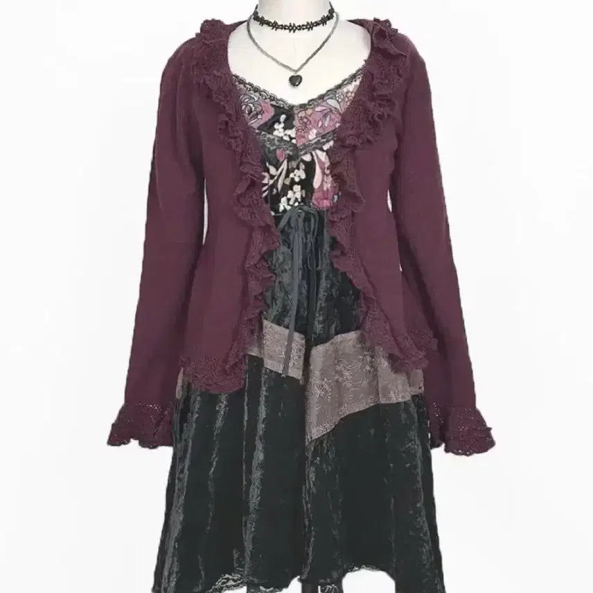 [BUNJANG] Restrose Vintage Frill Knit Cardigan / 일본빈티지 레스트로즈프릴뜨개레이스러플셔링울가디건와인모리걸하구미룩갸루y2k