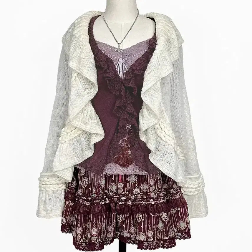 [BUNJANG] Restrose Vintage Frill Knit Cardigan / 일본빈티지 레스트로즈프릴뜨개레이스러플셔링울가디건와인모리걸하구미룩갸루y2k