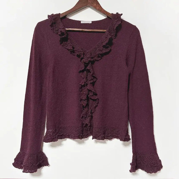 [BUNJANG] Restrose Vintage Frill Knit Cardigan / 일본빈티지 레스트로즈프릴뜨개레이스러플셔링울가디건와인모리걸하구미룩갸루y2k