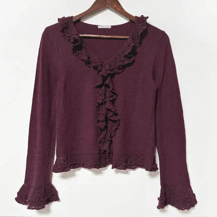 [BUNJANG] Restrose Vintage Frill Knit Cardigan / 일본빈티지 레스트로즈프릴뜨개레이스러플셔링울가디건와인모리걸하구미룩갸루y2k