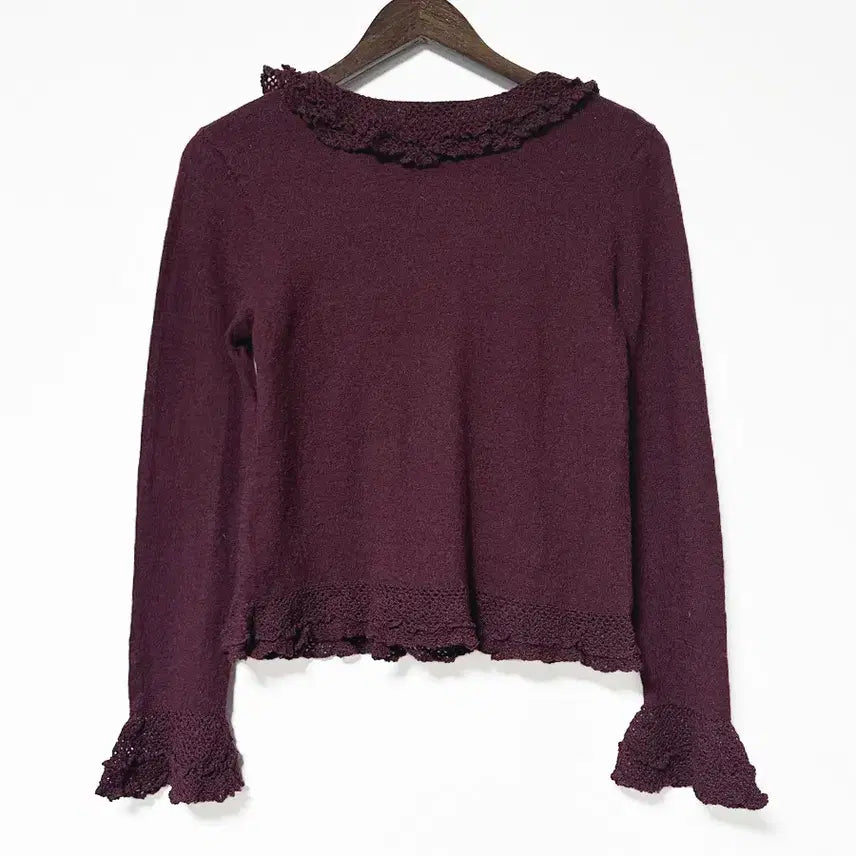 [BUNJANG] Restrose Vintage Frill Knit Cardigan / 일본빈티지 레스트로즈프릴뜨개레이스러플셔링울가디건와인모리걸하구미룩갸루y2k
