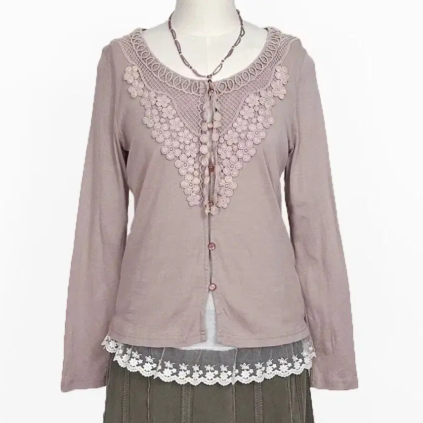 [SOLD OUT] 일본빈티지 콩단추 레이스라인 버튼업 긴팔티가디건 인디핑크 모리걸하구미룩