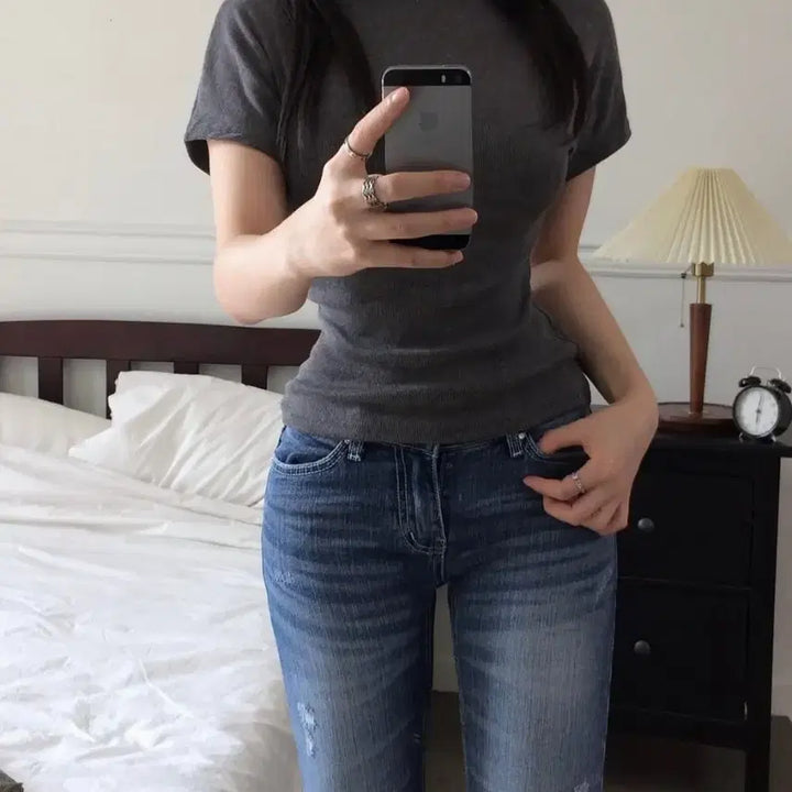 [BUNJANG] Imported Apparel Cap Sleeve Slim Half-Sleeve Knit Top / [새상품/팔뚝삭제]반목 캡소매 반폴라 목폴라 슬림 반팔 니트 수입의류