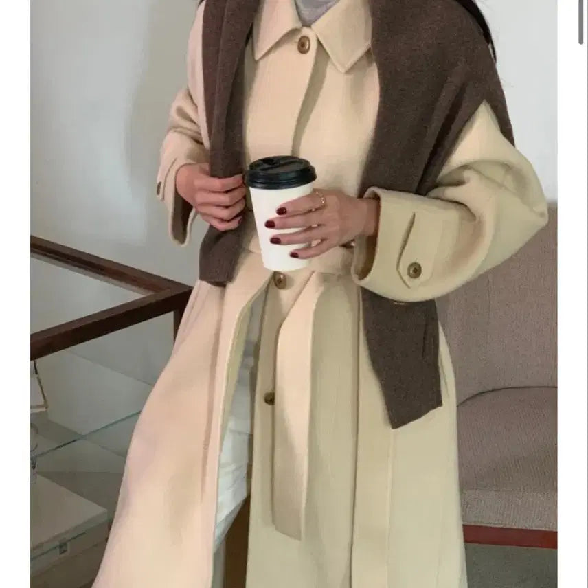 [BUNJANG] Handmade Butter Yellow Wool Long Coat / 핸드메이드 버터옐로우 울 롱코트(새상품)