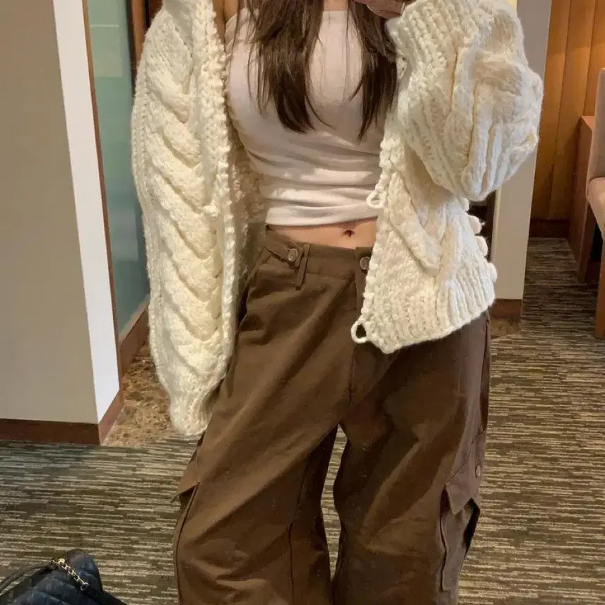 [BUNJANG] Burkin Wool 100% Handmade Cable Knit Cardigan / 마지막가격 버킨 울 100 핸드메이드 니트 가디건 크림